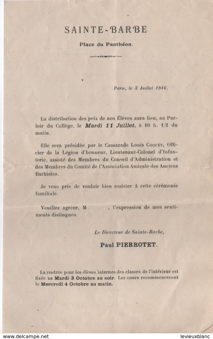 Invitation à La Distribution Des Prix/Collège  Sainte -Barbe/Place Du Panthéon/ Vers 1915?       CAH296 - Diplômes & Bulletins Scolaires