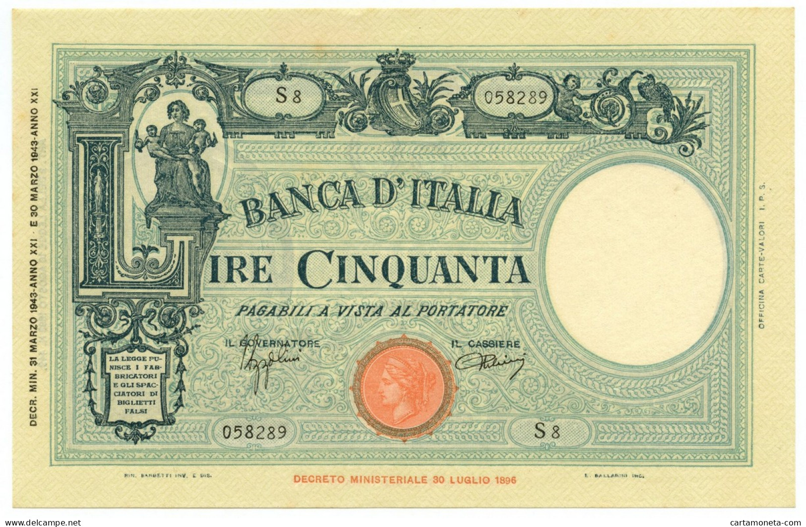 50 LIRE BARBETTI GRANDE L SENZA MATRICE FASCIO 31/03/1943 SUP+ - Regno D'Italia – Autres