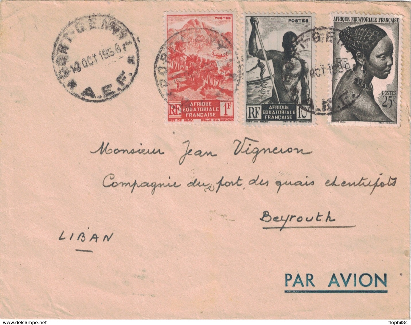 GABON - AEF - PORT GENTIL - 13-10-1956 - BEL AFFRANCHISSEMENT POUR BEYROUTH LIBAN. - Covers & Documents