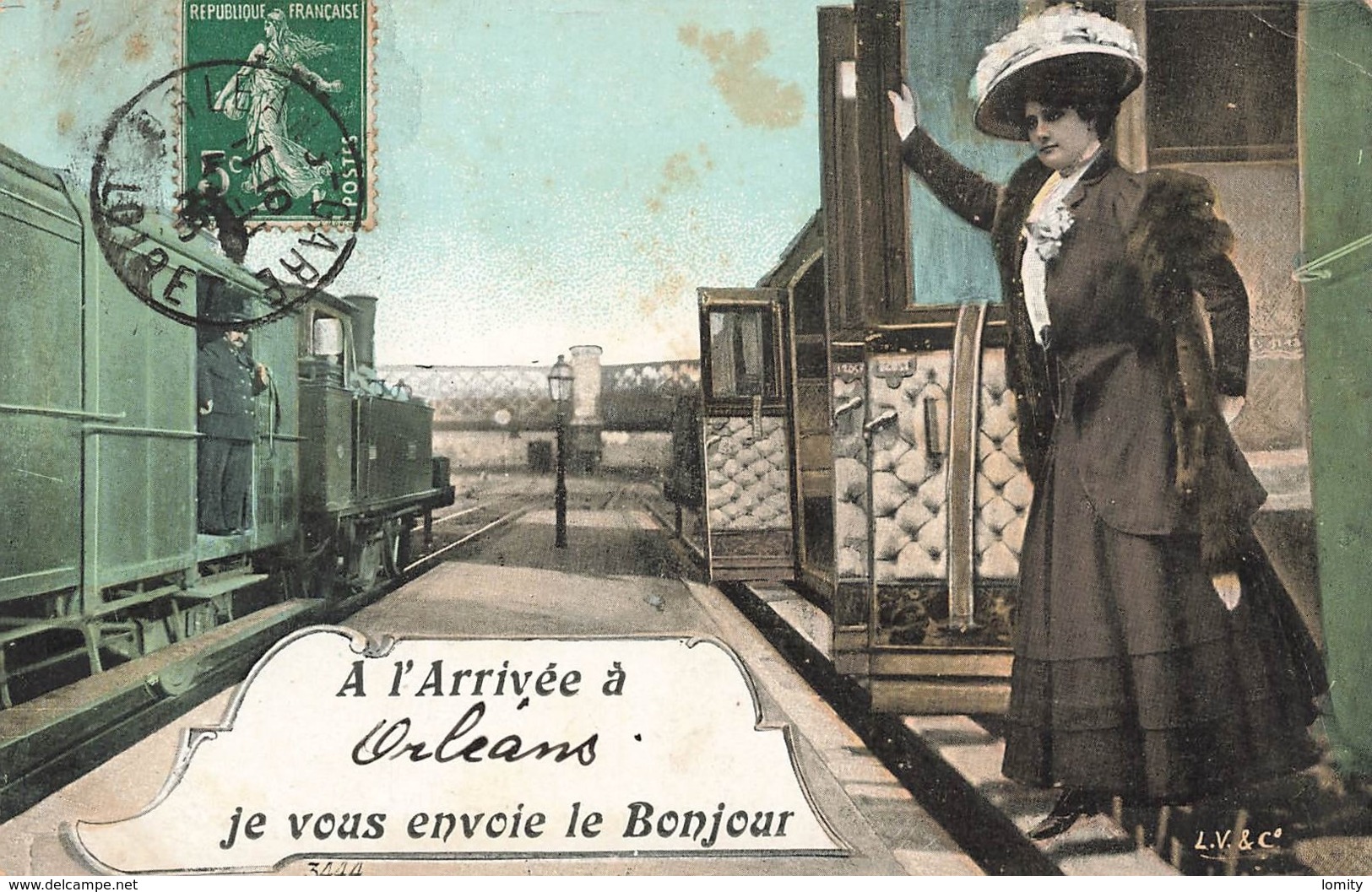 Gare Avec Train Cpa Carte Fantaisie à L' Arrivée à Orleans Je Vous Envoie Le Bonjour, Cachet Orleans Gare - Gares - Avec Trains