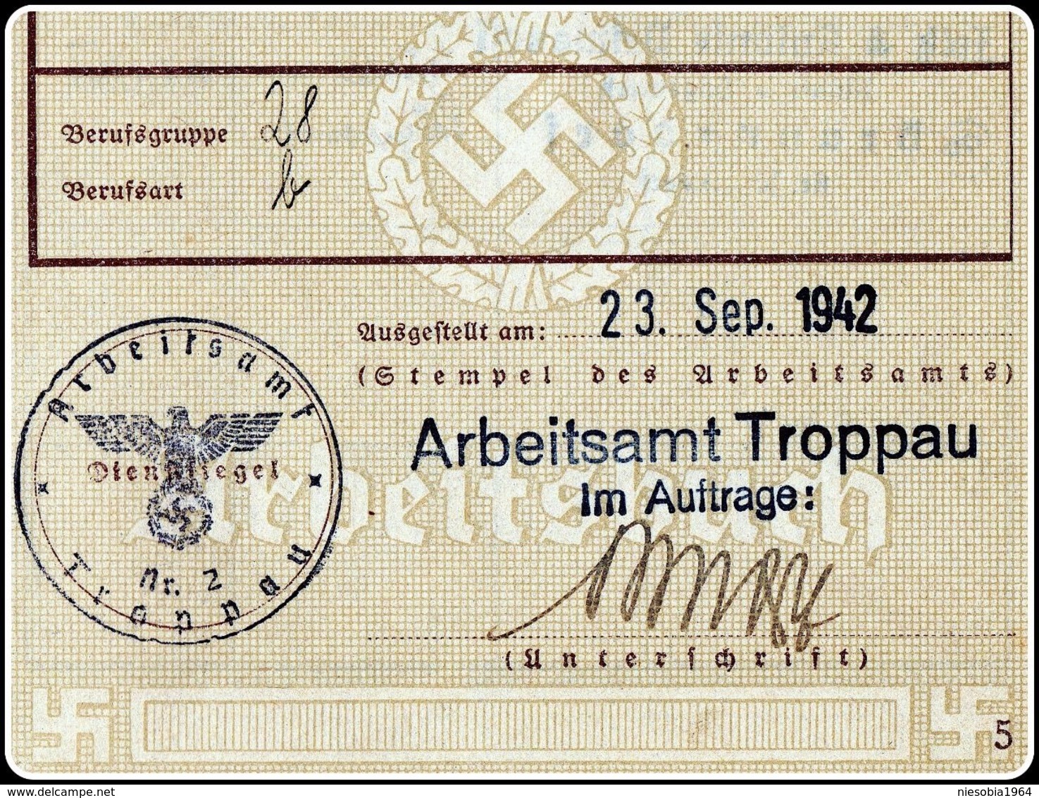 WW2 Socialist Germany Deutsches Reich Arbeitsbuch  Troppau / Opava  Reichsgau Sudetenland - Margit Pflieger 1942