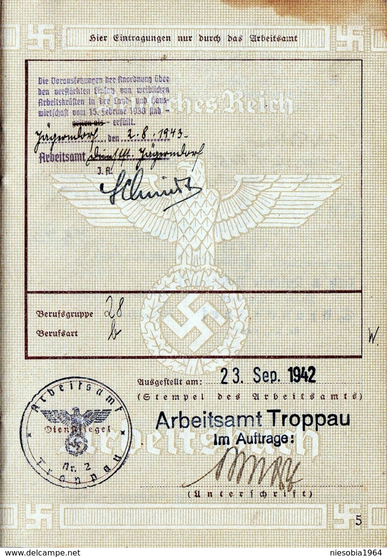 WW2 Socialist Germany Deutsches Reich Arbeitsbuch  Troppau / Opava  Reichsgau Sudetenland - Margit Pflieger 1942