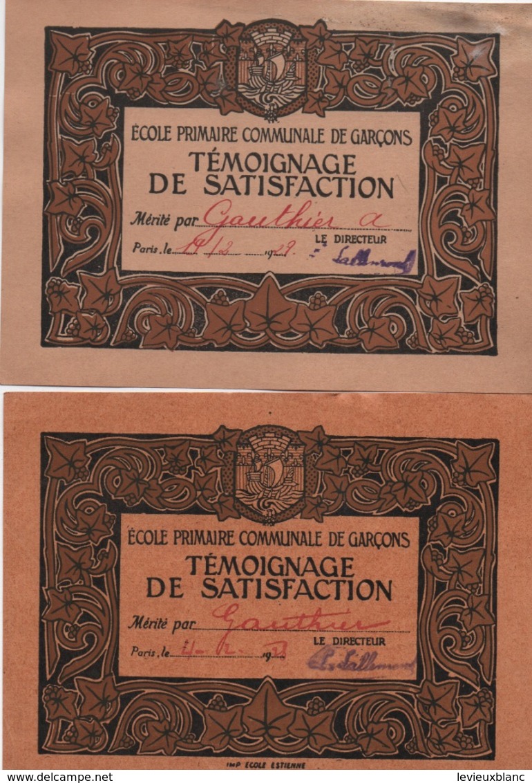 2 Témoignages De Satisfaction/ Ecole Primaire Communale De Garçons /Imp Ecole Estienne/Gauthier/1928  CAH301 - Diplômes & Bulletins Scolaires