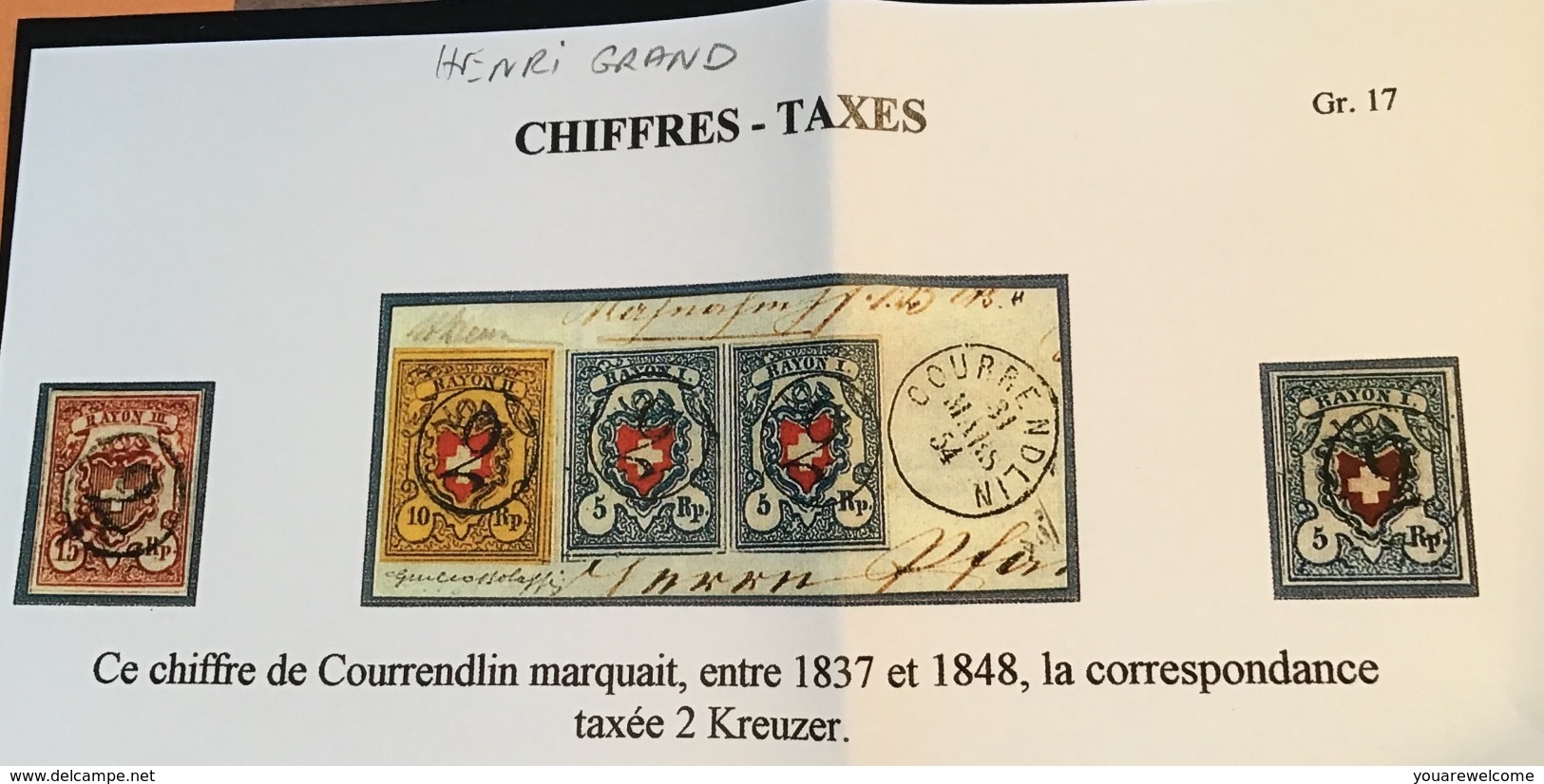 Schweiz PORTO STEMPEL „2“ Von COURRENDLIN, Jura. RARITÄT Auf 1850 10 Rp Rayon II, Znr 16 II (Suisse Delémont - 1843-1852 Timbres Cantonaux Et  Fédéraux