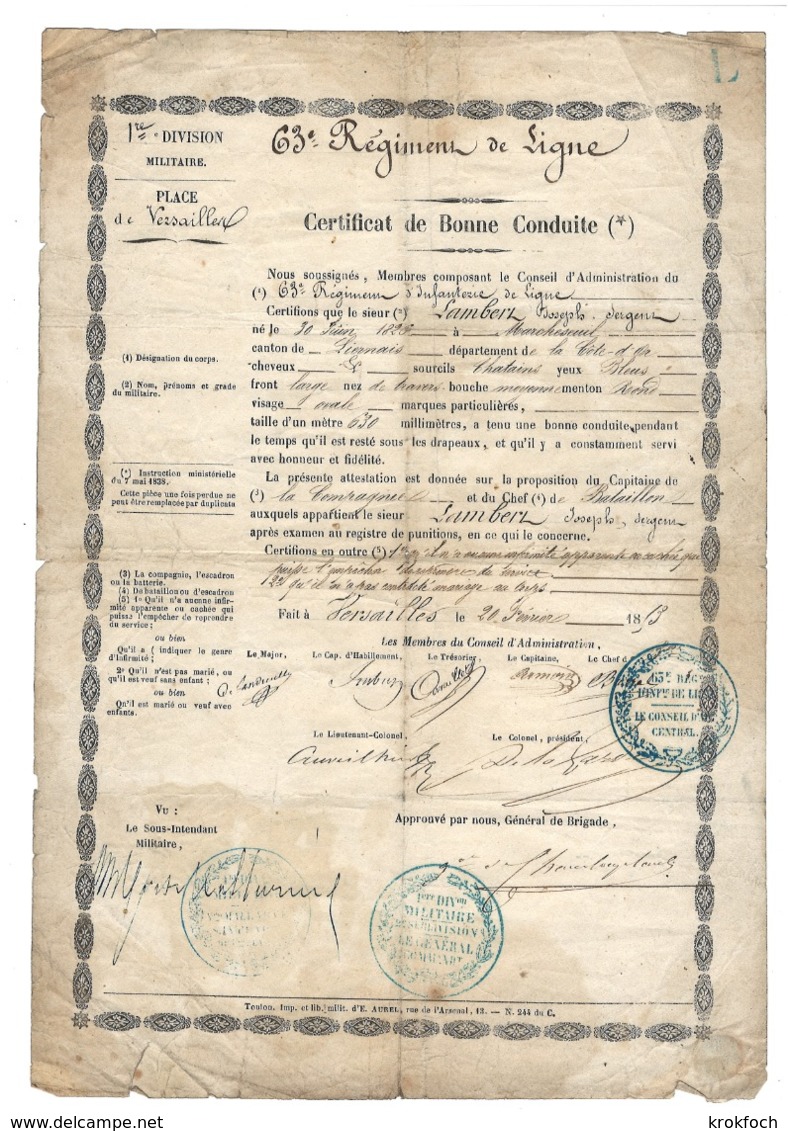 Certificat De Bonne Conduite 1853 - 63ème Régiment De Ligne - Place De Versailles - 28 X 20 Cm - Documents