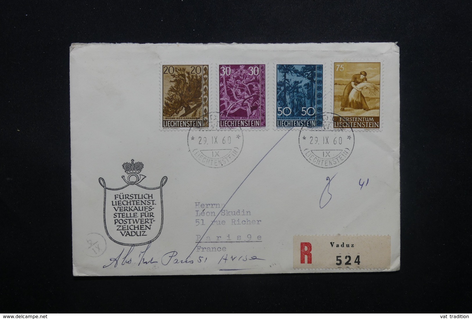 LIECHTENSTEIN - Enveloppe En Recommandé De Vaduz Pour Paris En 1960, Affranchissement Plaisant - L 42728 - Brieven En Documenten