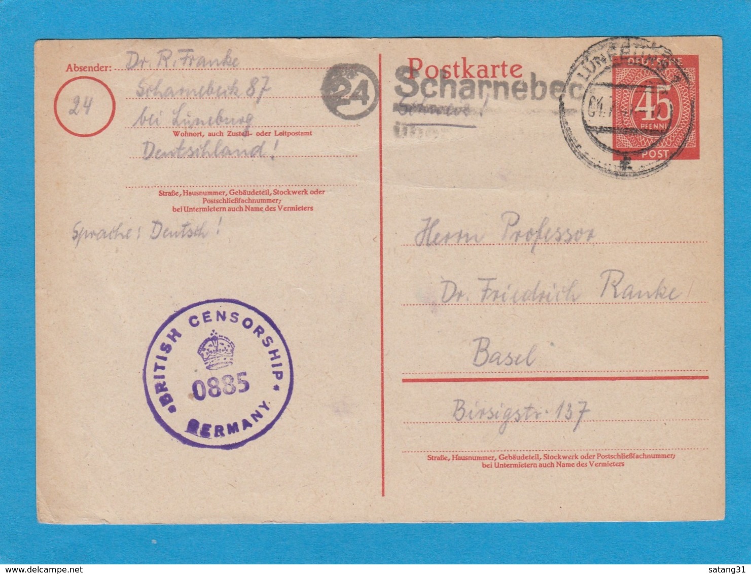 P955. GANZSACHE VON LÜNEBURG NACH BASEL.BRITISCHER ZENSUR STEMPEL UND KAUM LESBARER LANDPOSTSTEMPEL. - Autres & Non Classés