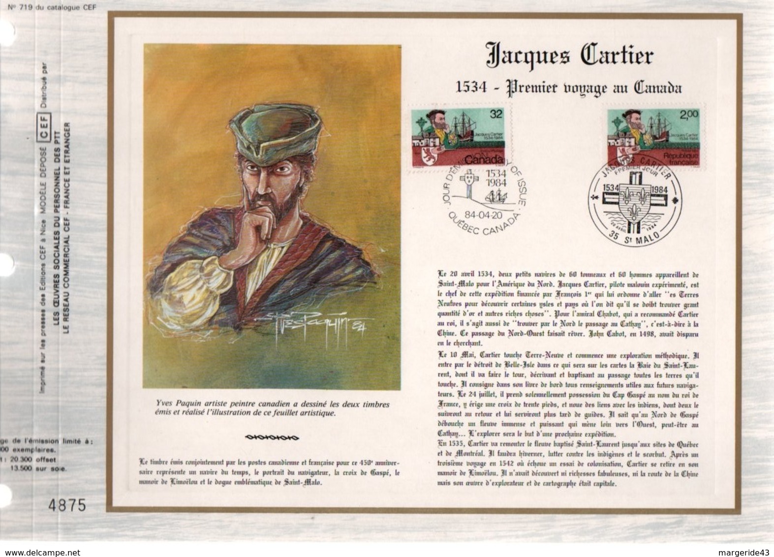 DOCUMENT FDC 1984 EMISSION CONJOINTE FRANCE-CANADA  JACQUES CARTIER - 1980-1989