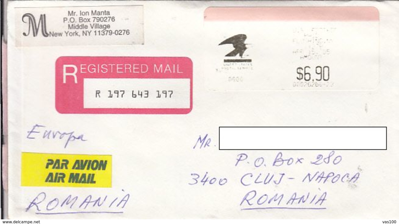 AMOUNT 6.9, FLUSHING, EAGLE, MACHINE STICKER STAMPS ON REGISTERED COVER, 1995, USA - Other & Unclassified