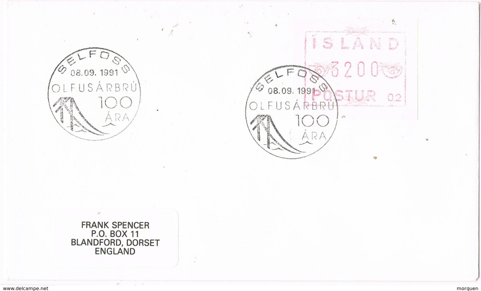 34073. Carta F.D.C. SELFOSS (Island) 1991. Olfusarbru. Automaten Stamp, ATM - Covers & Documents