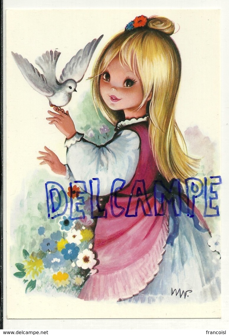 Big Eyes. Petite Fille Blonde Et Colombe. Signée WW?  "Carino" - Autres & Non Classés