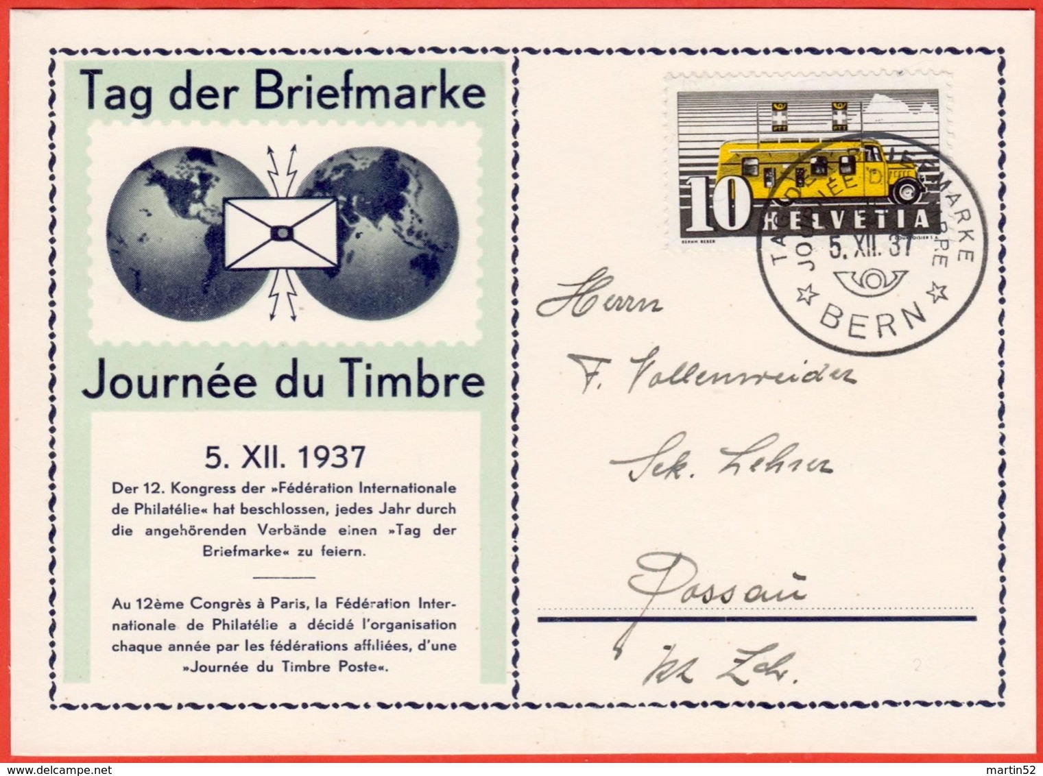 Schweiz Suisse 1937: PREMIER Journée Du Timbre Zu 210 Mi 311 Yv 302 Mit O BERN 5.XII.37 TAG DER BRIEFMARKE (Zu CHF 60.00 - Tag Der Briefmarke