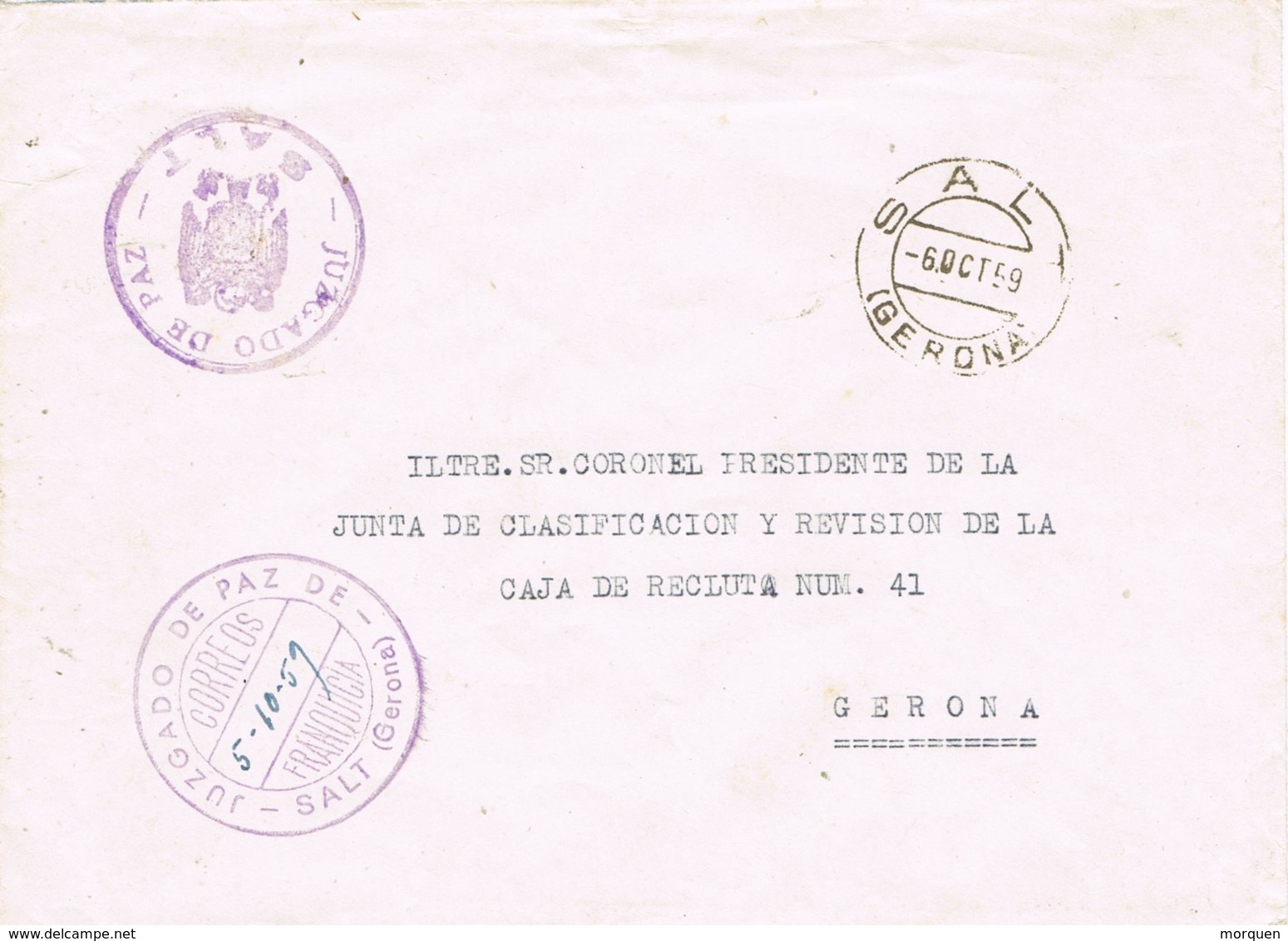 34078. Carta S.N. Franquicia Juzgado De Paz SALT (Gerona) 1960. Fechador Salt - Cartas & Documentos