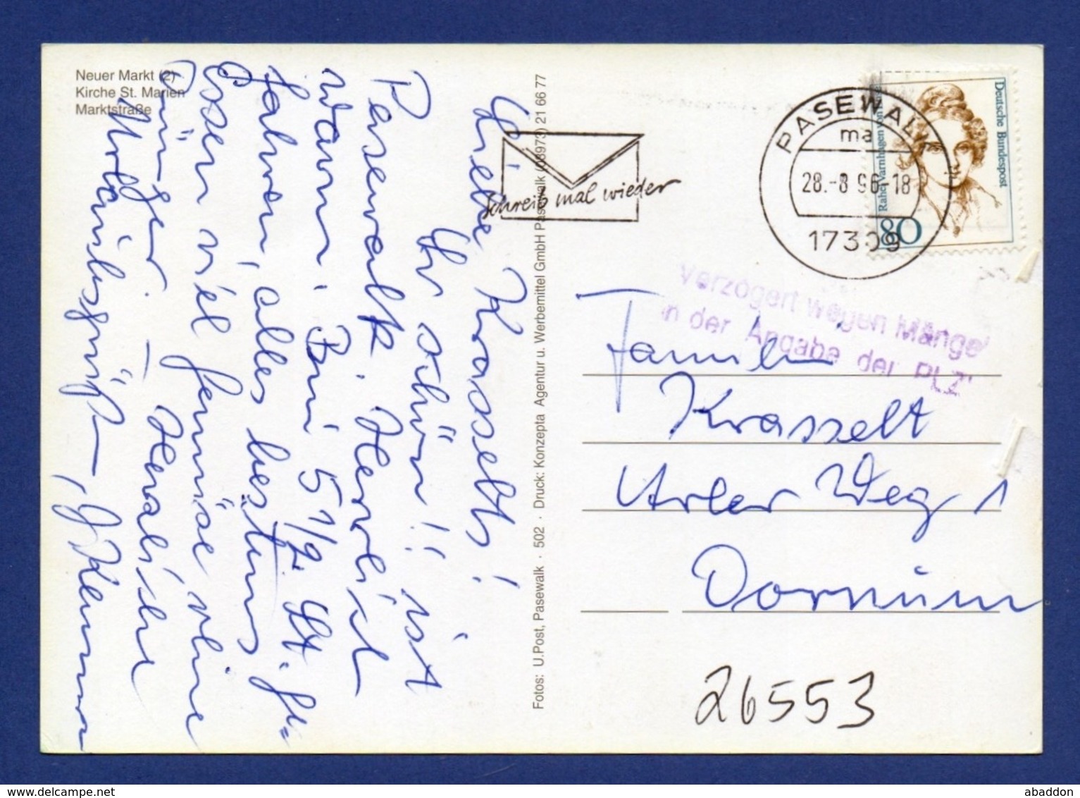 Stempel: Verzögert Wegen Mängel Bei Angabe Der Postleitzahl - Pasewalk 1996 - Franking Machines (EMA)