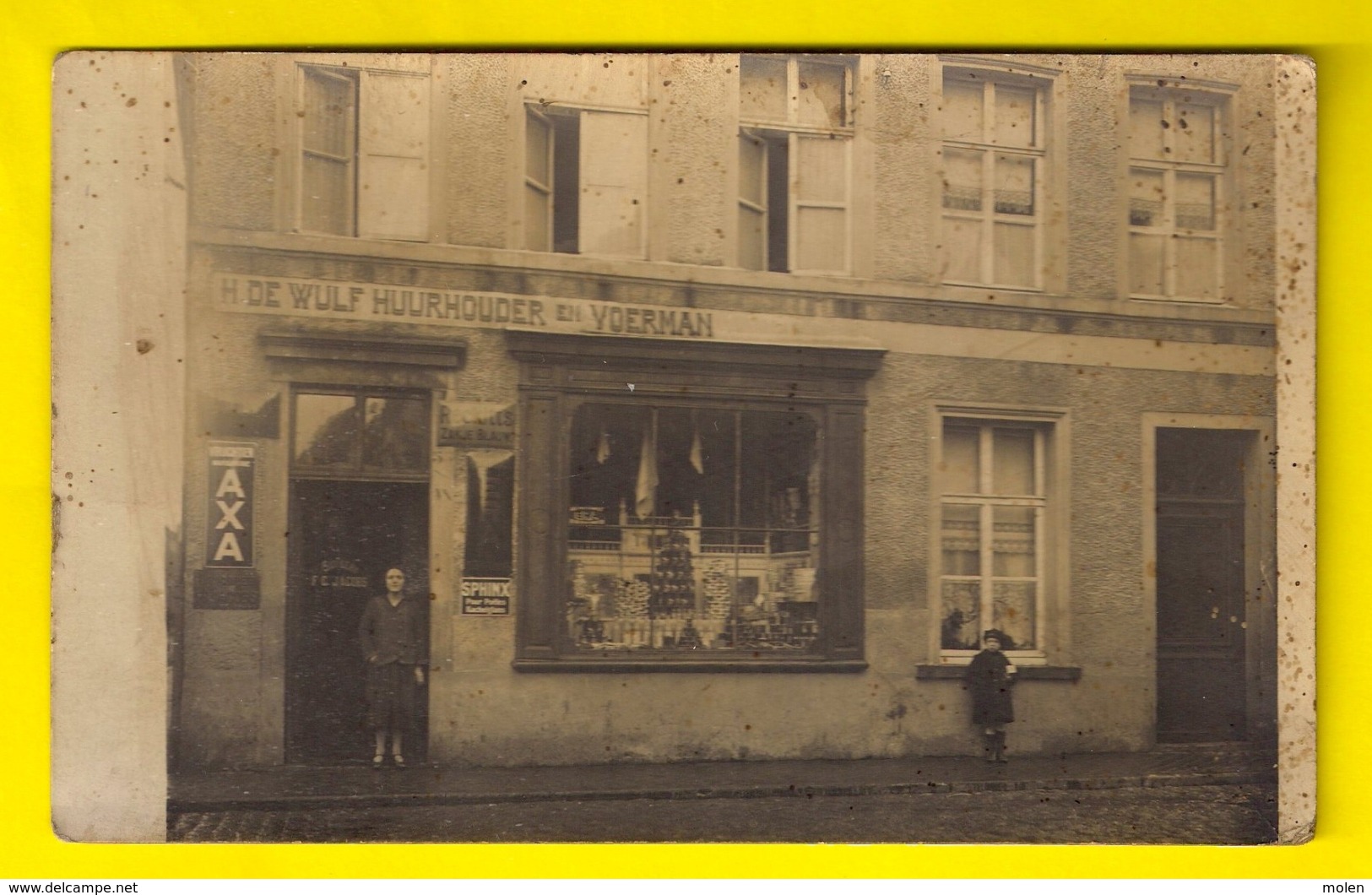 FOTOKAART WINKEL H. DE WULF HUURHOUDER EN VOERMAN CARTE PHOTO PUB AXA MAGASIN Geschiedenis Heemkunde FOTO Zottegem? 3453 - Winkels