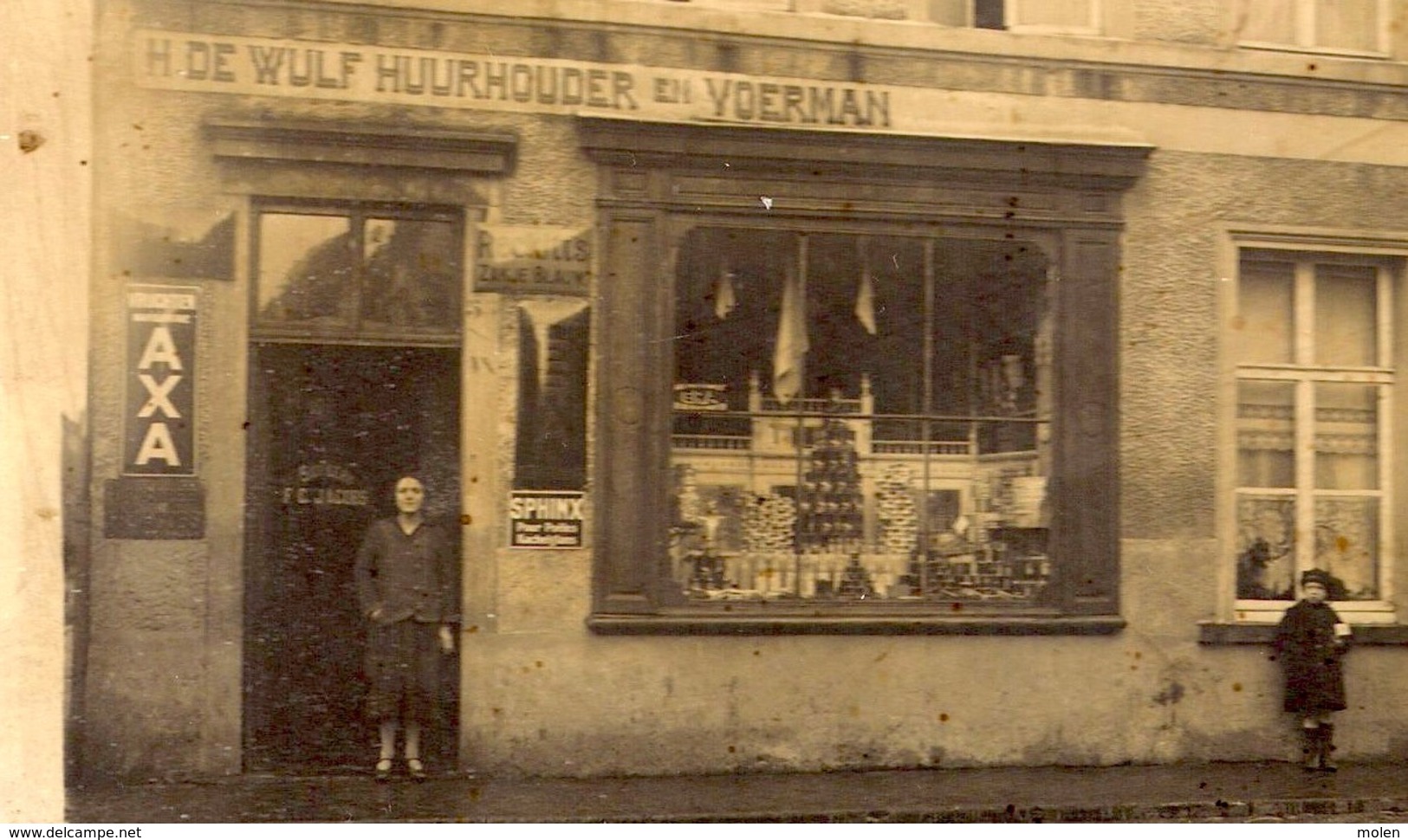 FOTOKAART WINKEL H. DE WULF HUURHOUDER EN VOERMAN CARTE PHOTO PUB AXA MAGASIN Geschiedenis Heemkunde FOTO Zottegem? 3453 - Winkels