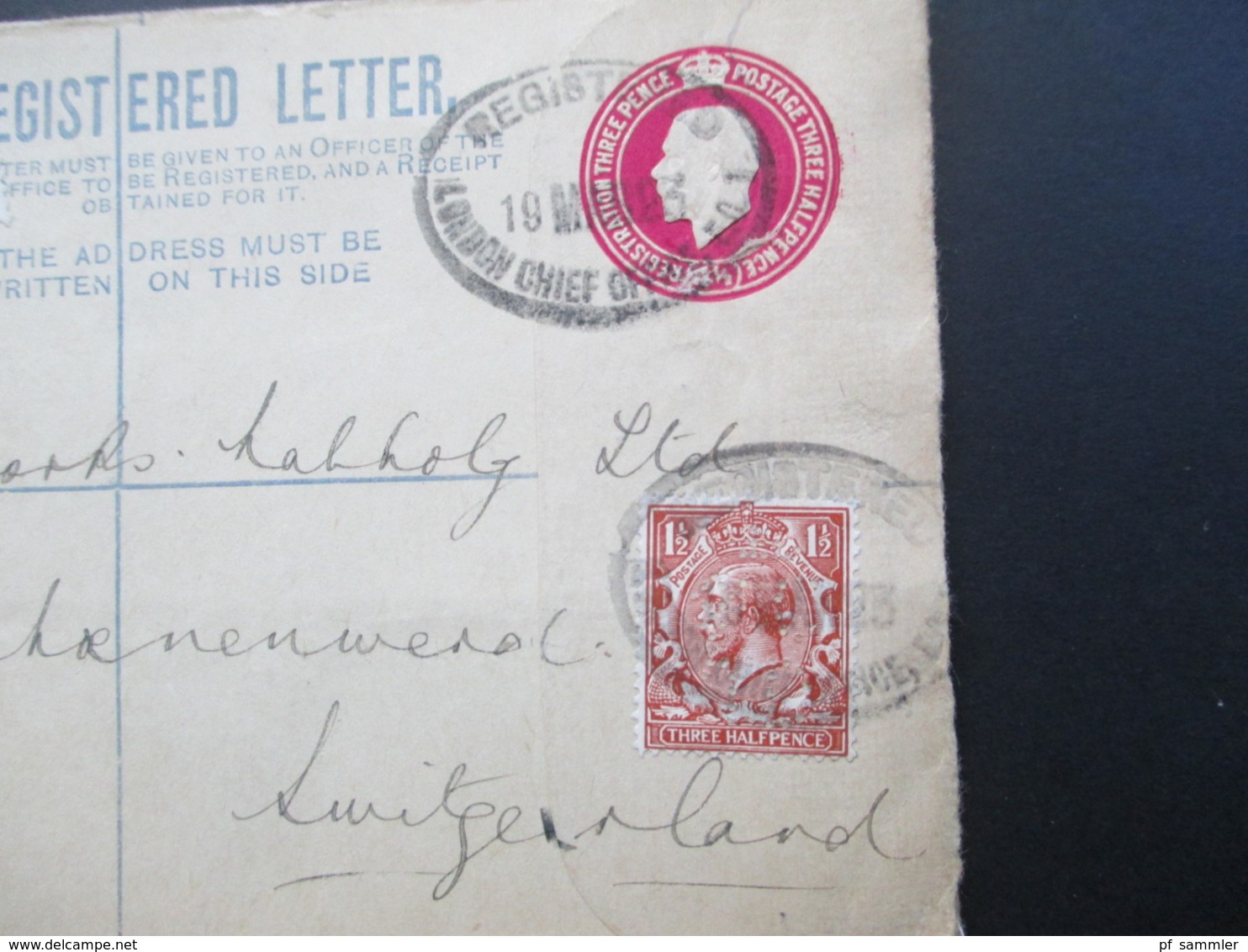 GB 1923 Registered Letter / GA Mit Zusatzfrankatur Mit Firmenlochun / Perfin London Chief Office - Schönewerd Schweiz - Brieven En Documenten