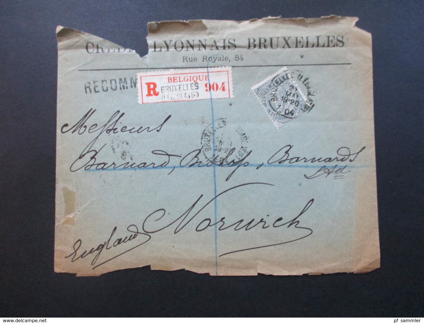 Belgien 1897 / 1904 Nr. 68 EF Mit Perfin / Firmenlochung! Einschreiben Bruxelles Credit Lyonnais - Norwich England - 1893-1900 Fine Barbe
