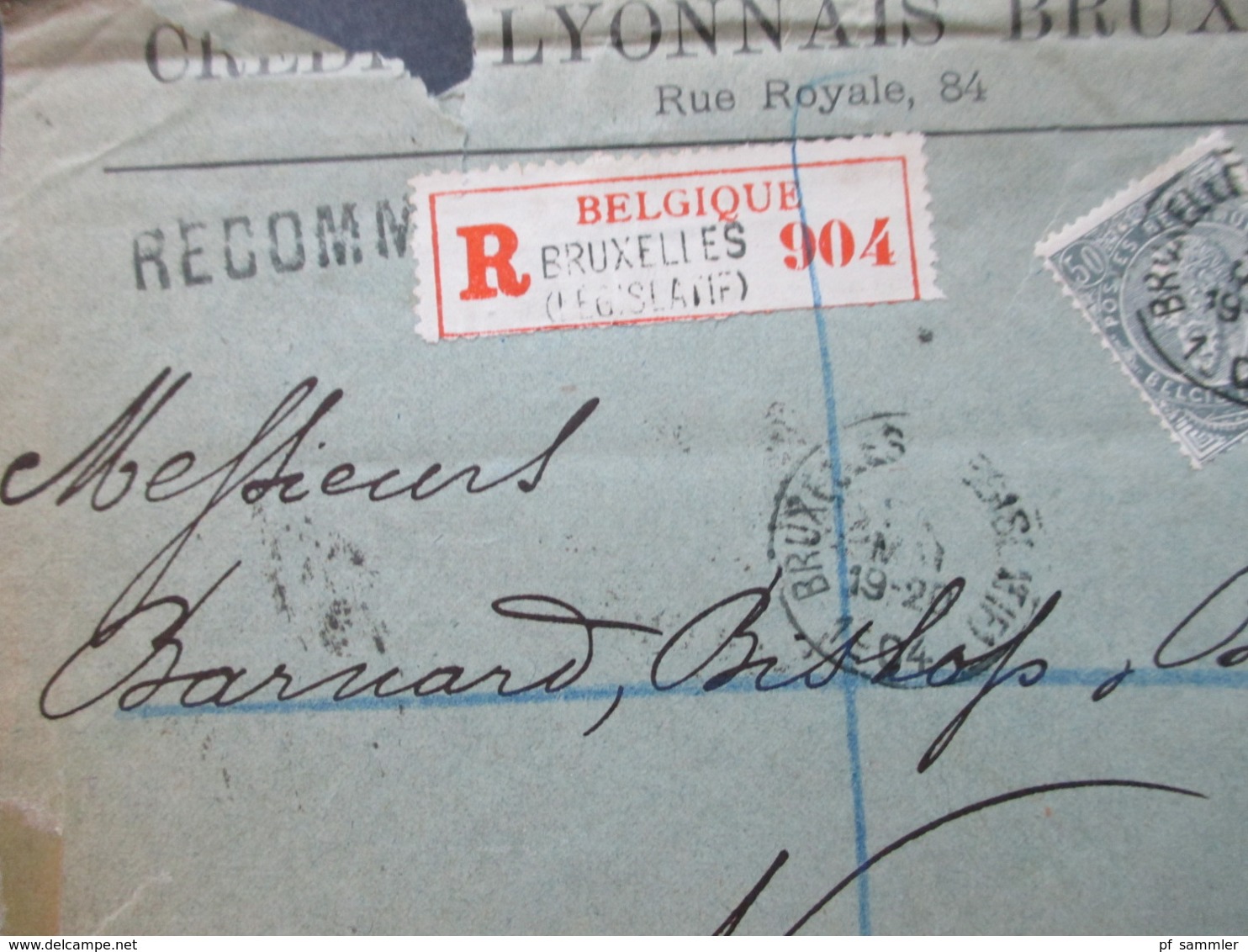 Belgien 1897 / 1904 Nr. 68 EF Mit Perfin / Firmenlochung! Einschreiben Bruxelles Credit Lyonnais - Norwich England - 1893-1900 Fine Barbe