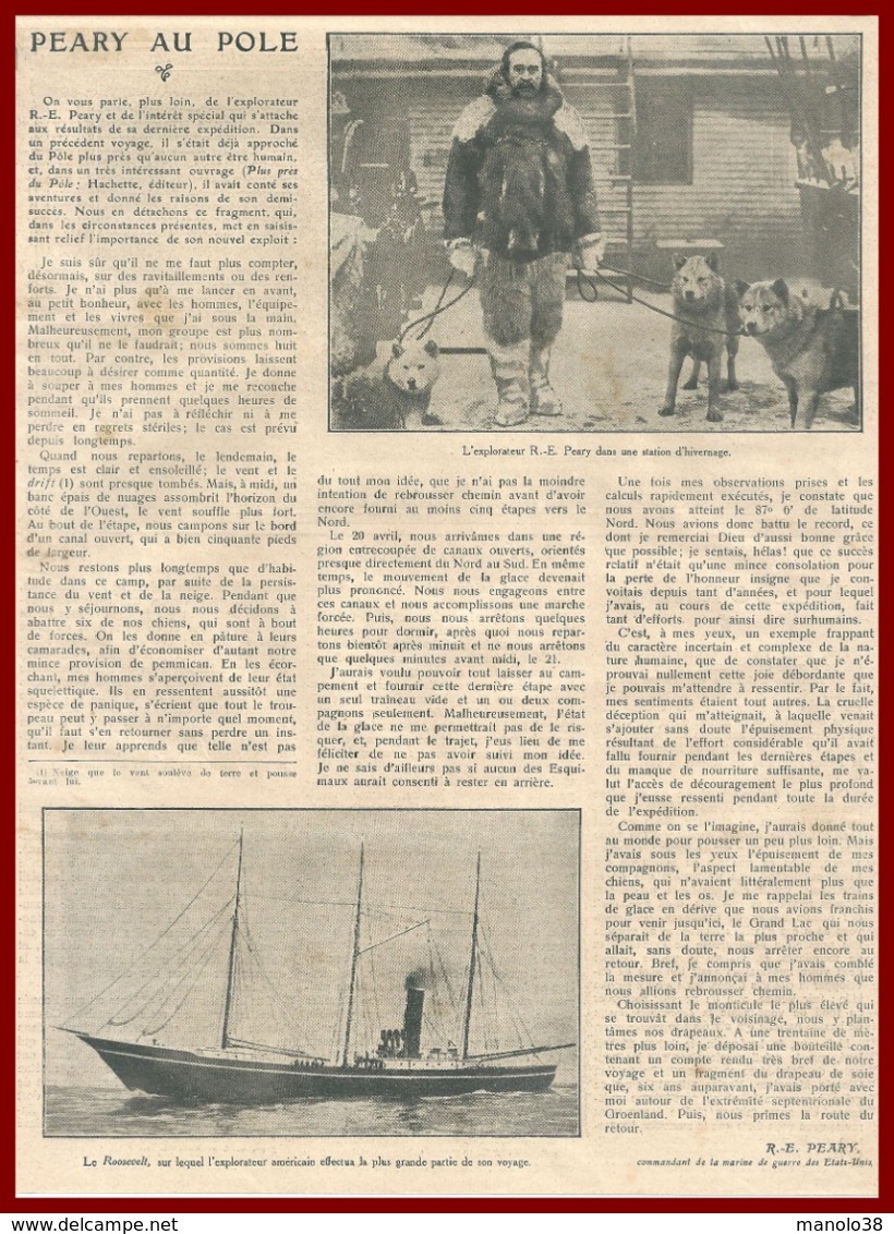 Robert Peary Au Pôle Nord. Article écrit Par L'explorateur, Commandant De La Marine De Guerre Des Etats Unis. 1909. - Documents Historiques