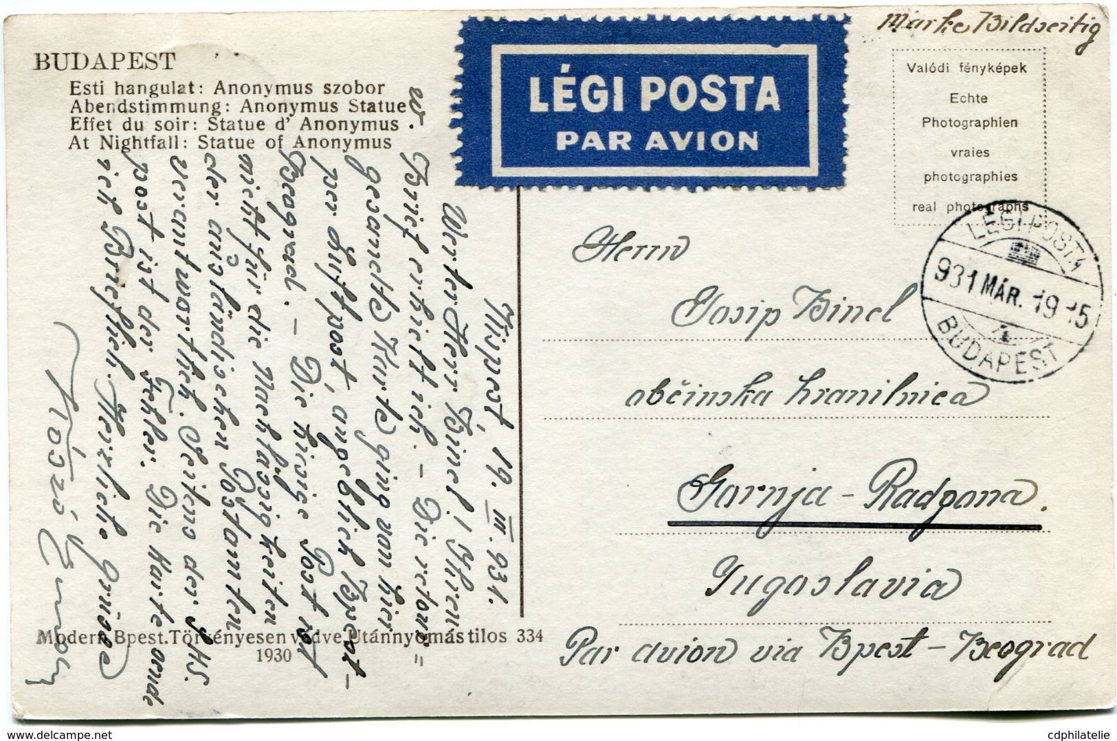 HONGRIE CARTE POSTALE PAR AVION DEPART LEGIPOSTA 931 MAR 19 BUDAPEST POUR LA YOUGOSLAVIE - Briefe U. Dokumente