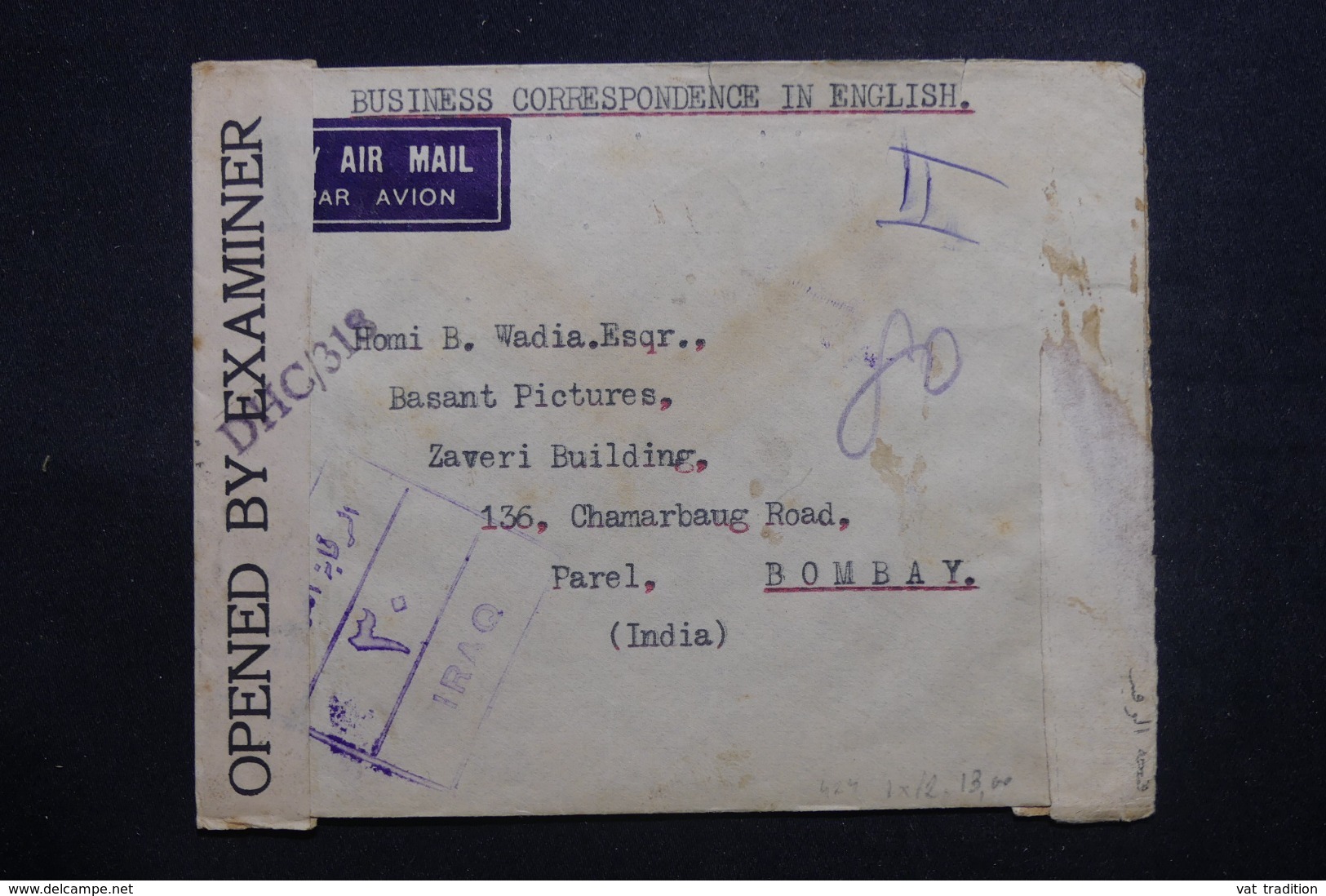IRAQ - Enveloppe Commerciale De Baghdad Pour Bombay En 1944, Affranchissement Plaisant Au Verso + Contrôle  - L 42765 - Iraq