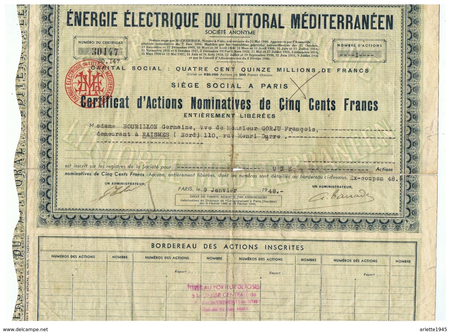 ACTION ENERGIE ELECTRIQUE DU LITTORAL MEDITERRANEEN  1948 HABITANTE DE RAISMES (NORD) - Electricité & Gaz