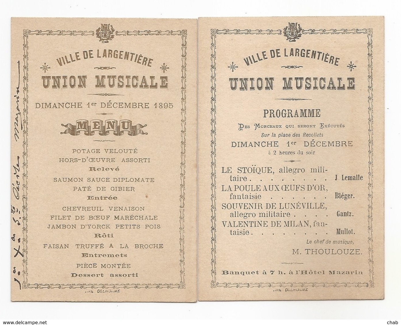 CARTONS - VILLE DE LARGENTIERE Sur La Place Des Recollets - UNION MUSICALE 1895 - Programme Et Menu - MUSIQUE - Largentiere