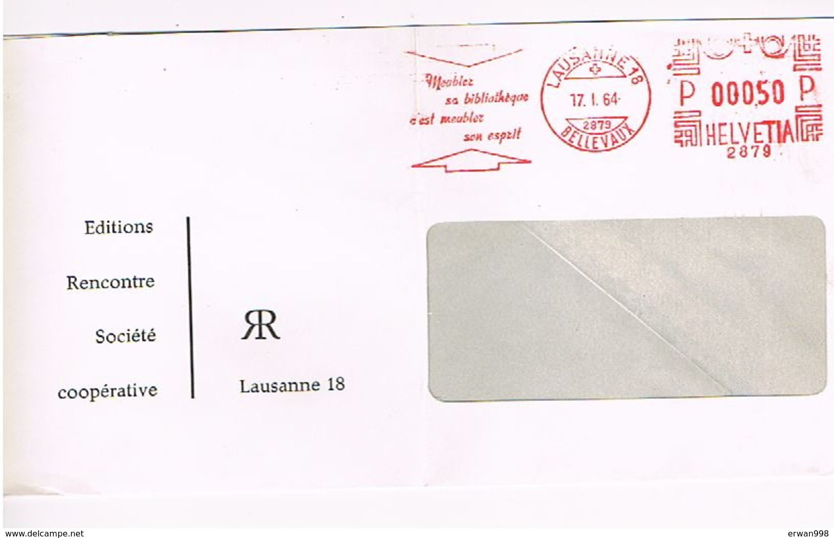 LAUSANNE18 - EMA 17/01/1964 Editions Rencontre "Meubler Sa Bibliothèque C'est Meubler Son Esprit" Culture-livres     881 - Storia Postale