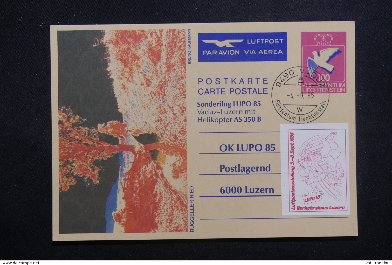 LIECHTENSTEIN - Entier Postal  Par Vol Vaduz / Luzern Par Hélicoptère En 1985, Cachet Et Vignette Plaisants - L 42782 - Stamped Stationery