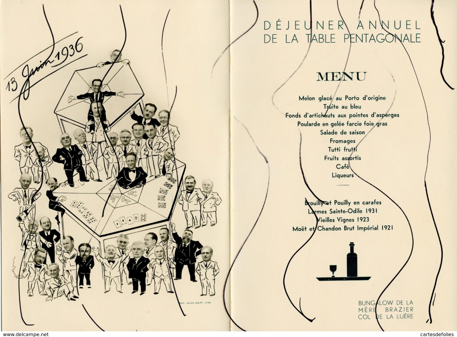 MENU. LYON. Bungalow De La Mère BRAZIER Col De La LUERE. Déjeuner Annuel De La Table Pentagonale. 13 Juin 1936. - Menú