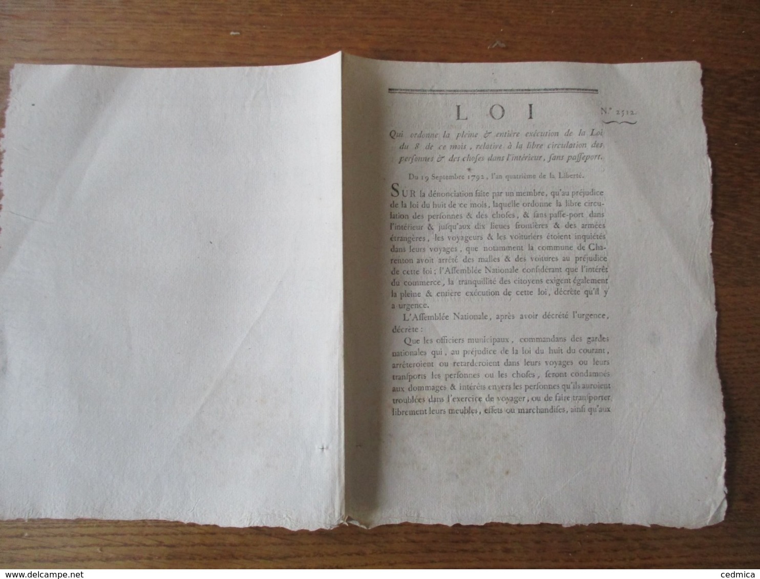 LOI DU 19 SEPTEMBRE 1792 RELATIVE A LA LIBRE CIRCULATION DES PERSONNES & DES CHOSES DANS L'INTERIEUR SANS PASSEPORT - Décrets & Lois