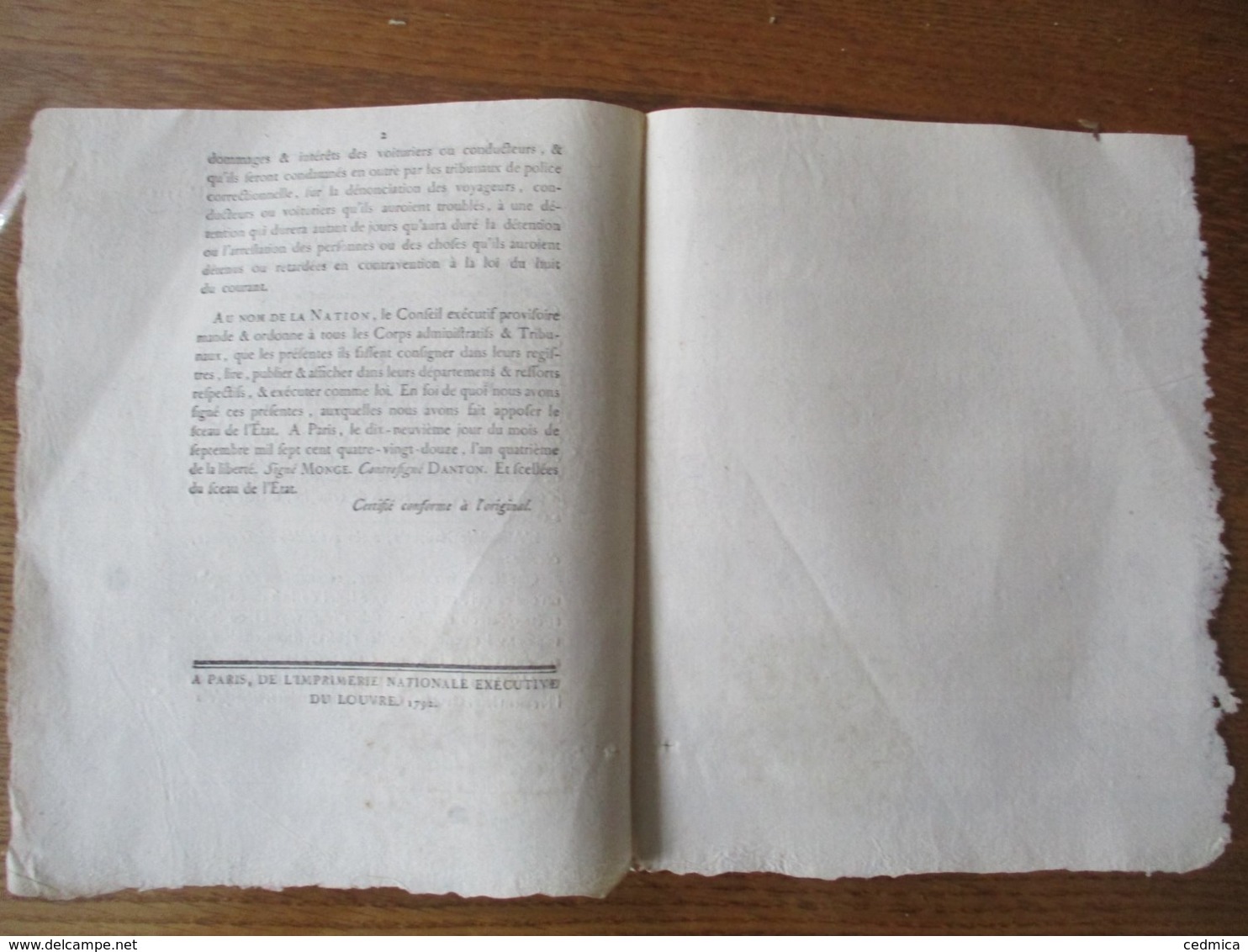 LOI DU 19 SEPTEMBRE 1792 RELATIVE A LA LIBRE CIRCULATION DES PERSONNES & DES CHOSES DANS L'INTERIEUR SANS PASSEPORT - Décrets & Lois