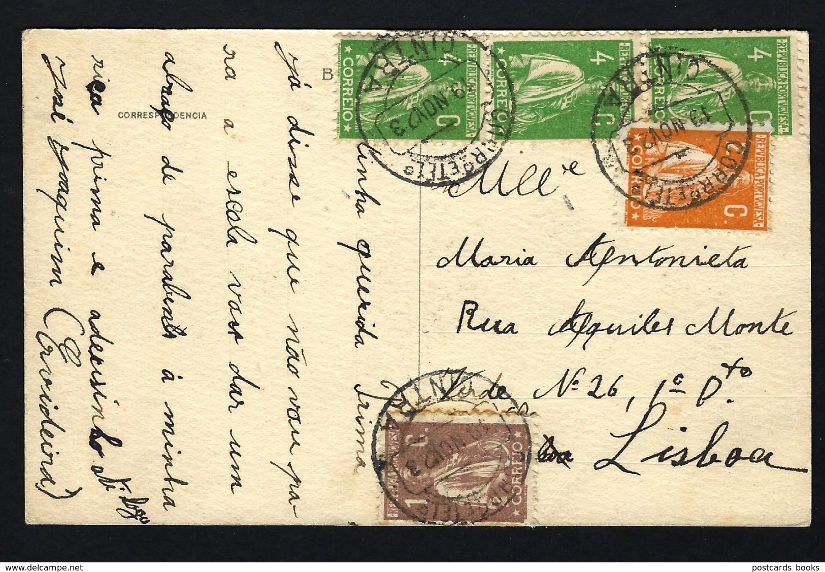 1923 Postal Circulado Com 5 Selos CERES, Enviado De CINTRA Para LISBOA. Portugal - Oblitérés