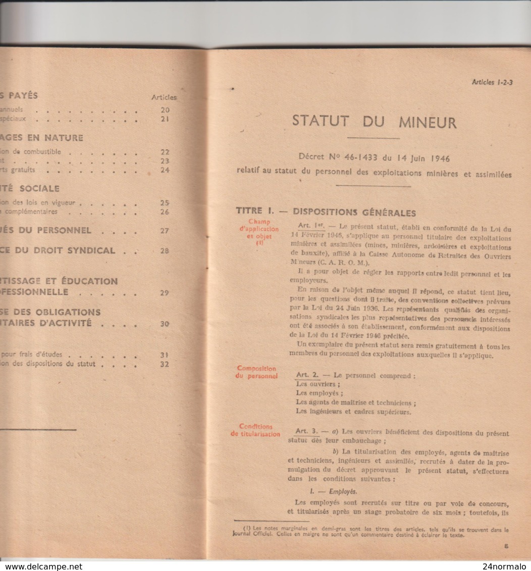 Statut Du Mineur - Charbonnages De France 1946 - 32 Pages - Documenti Storici