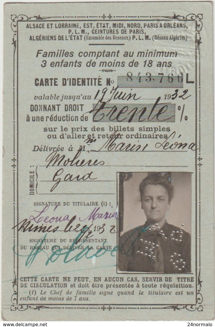 Gard, Nîmes, Carte D'identité Pour Réduction Chemin De Fer 1932 - Documentos Históricos