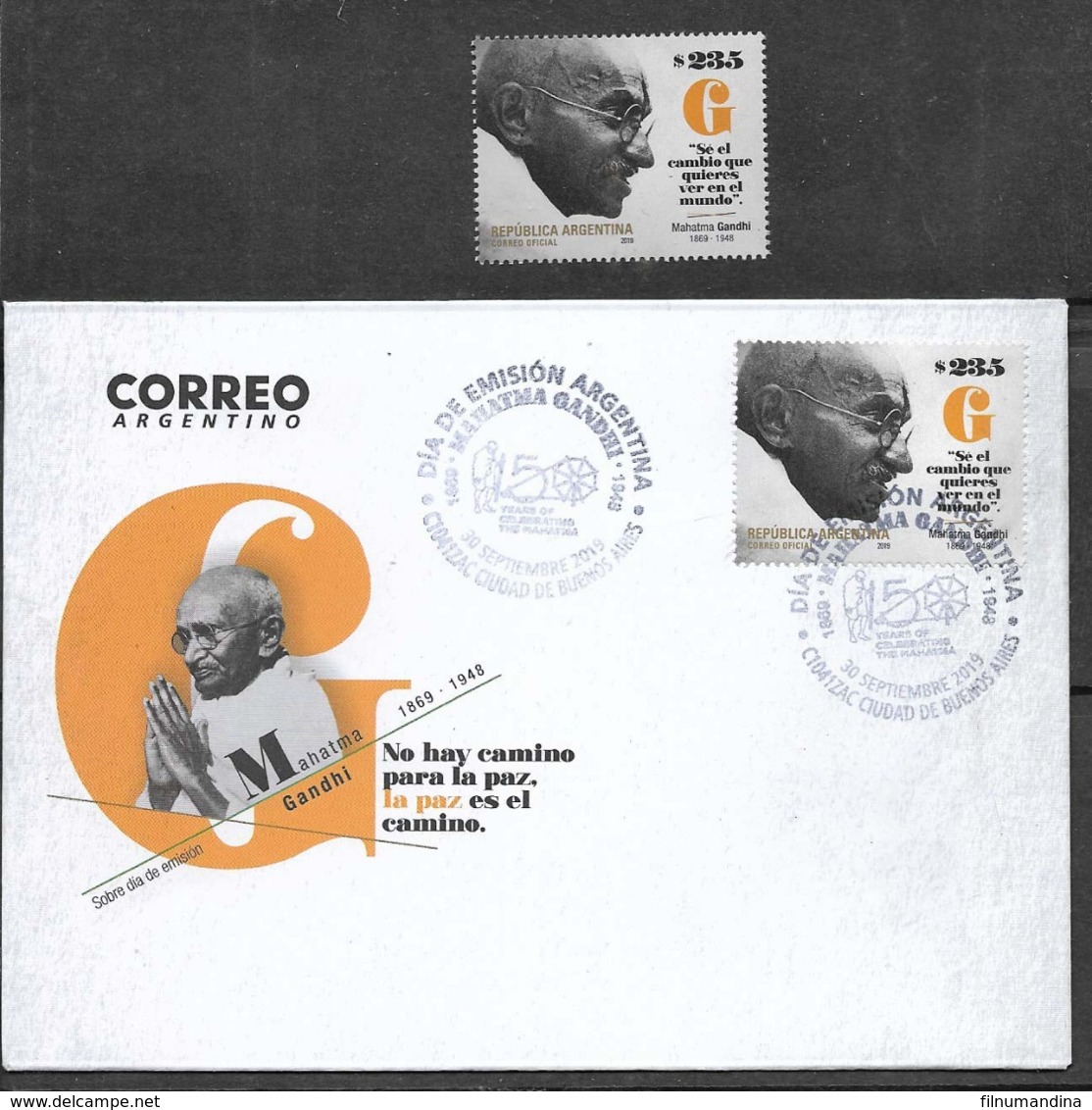 ARGENTINA 2019 INDIA MAHATMA GANDHI 150° ANIVERSARY MNH+FDC PREMIER JOUR ERSTTAGBRIEF - Unused Stamps