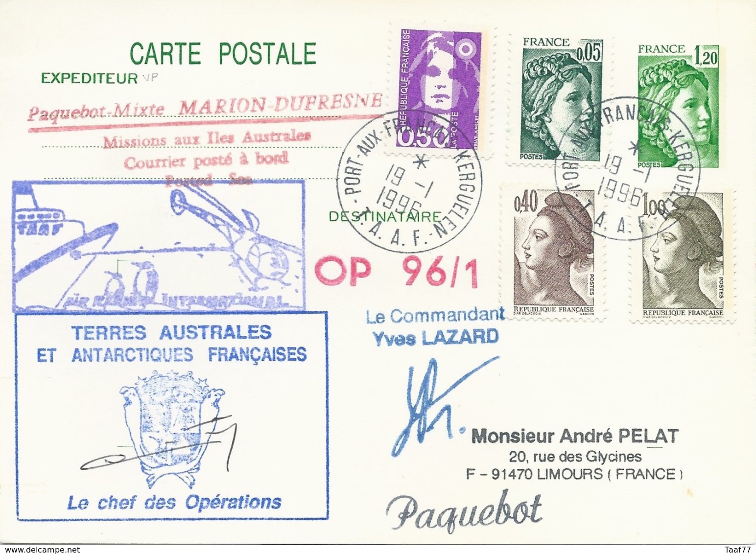 TAAF - Port Aux Français-Kerguelen: Entier Postal N°2101-CP1 "Marion-Dufresne" Avec Compléments D'affranch. - 19/01/1996 - Lettres & Documents