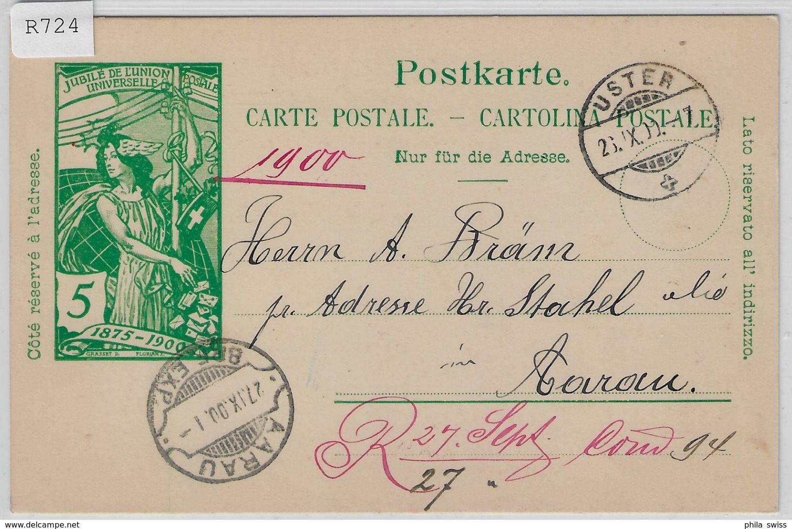 1900 UPU Postkarte - Uster 26.IX.00 Rasierklingenstempel Aarau - Entiers Postaux