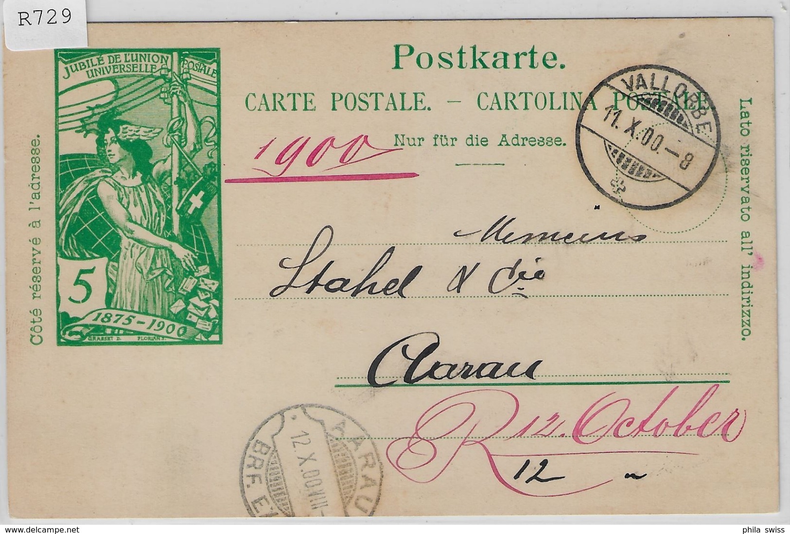 1900 UPU Postkarte - Vallorbe 11.X.00 Rasierklingenstempel Aarau - Entiers Postaux