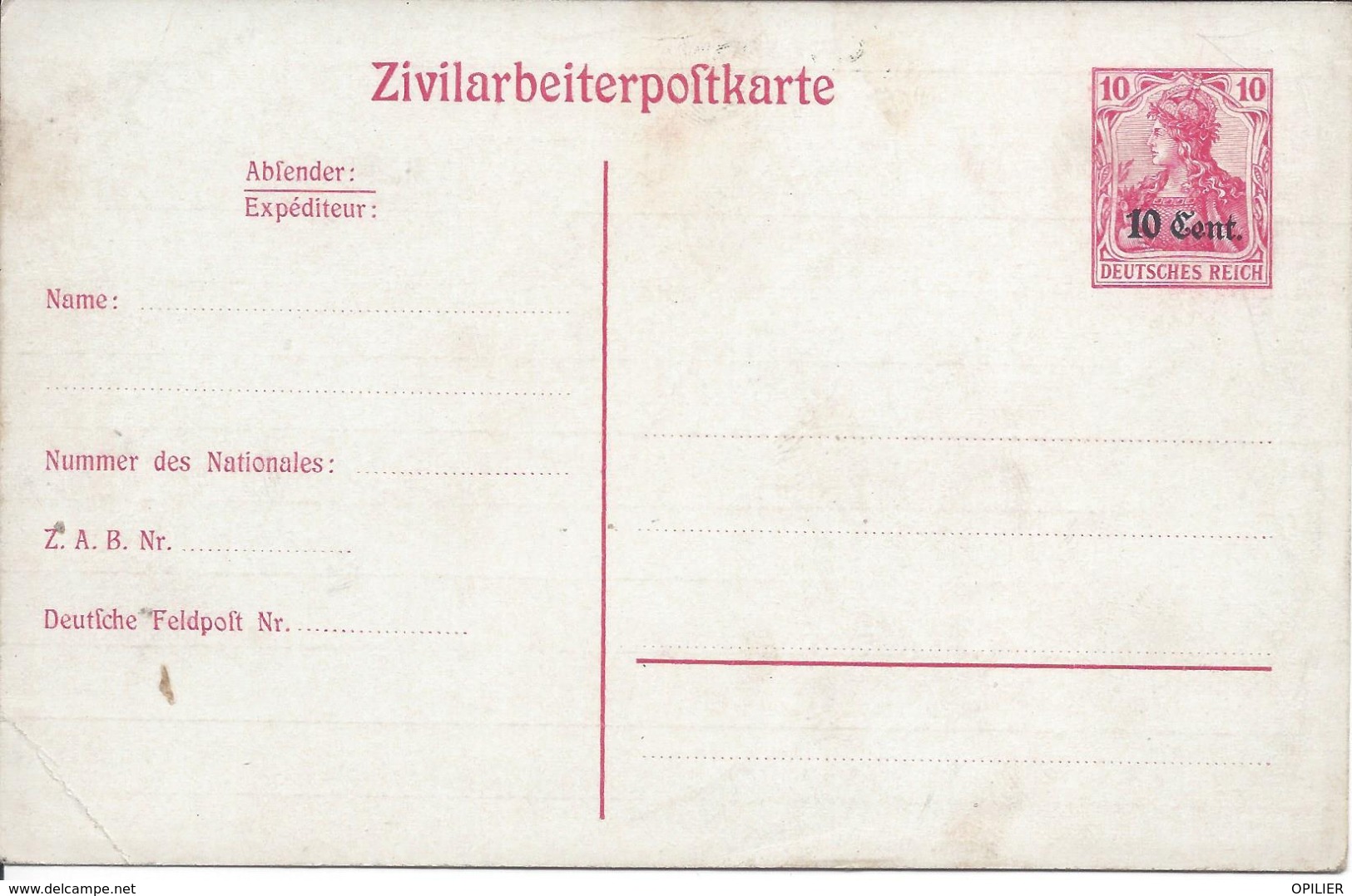 Entier Postal ZIVILARBEITERPOSTKARTE Surcharge 10cent Document Sali - Autres & Non Classés