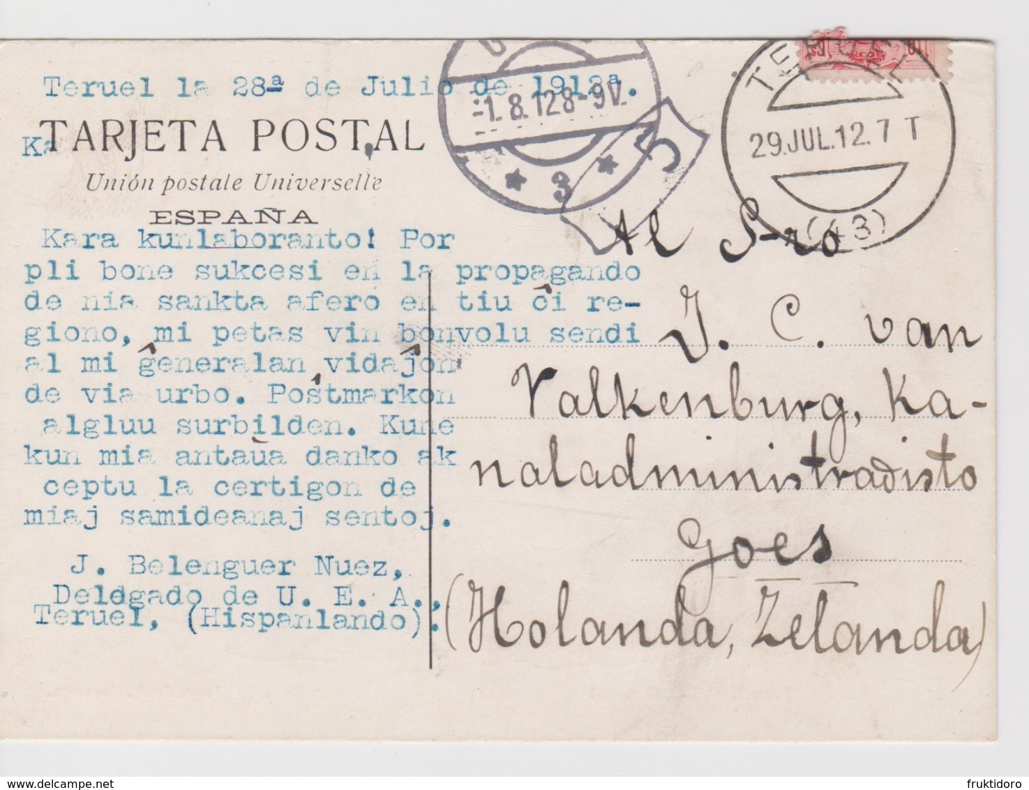 AKEO Card Sent From Teruel To Holland In 1912 - Written In Esperanto - Mi 233 King Alfonso XIII - Esperanto