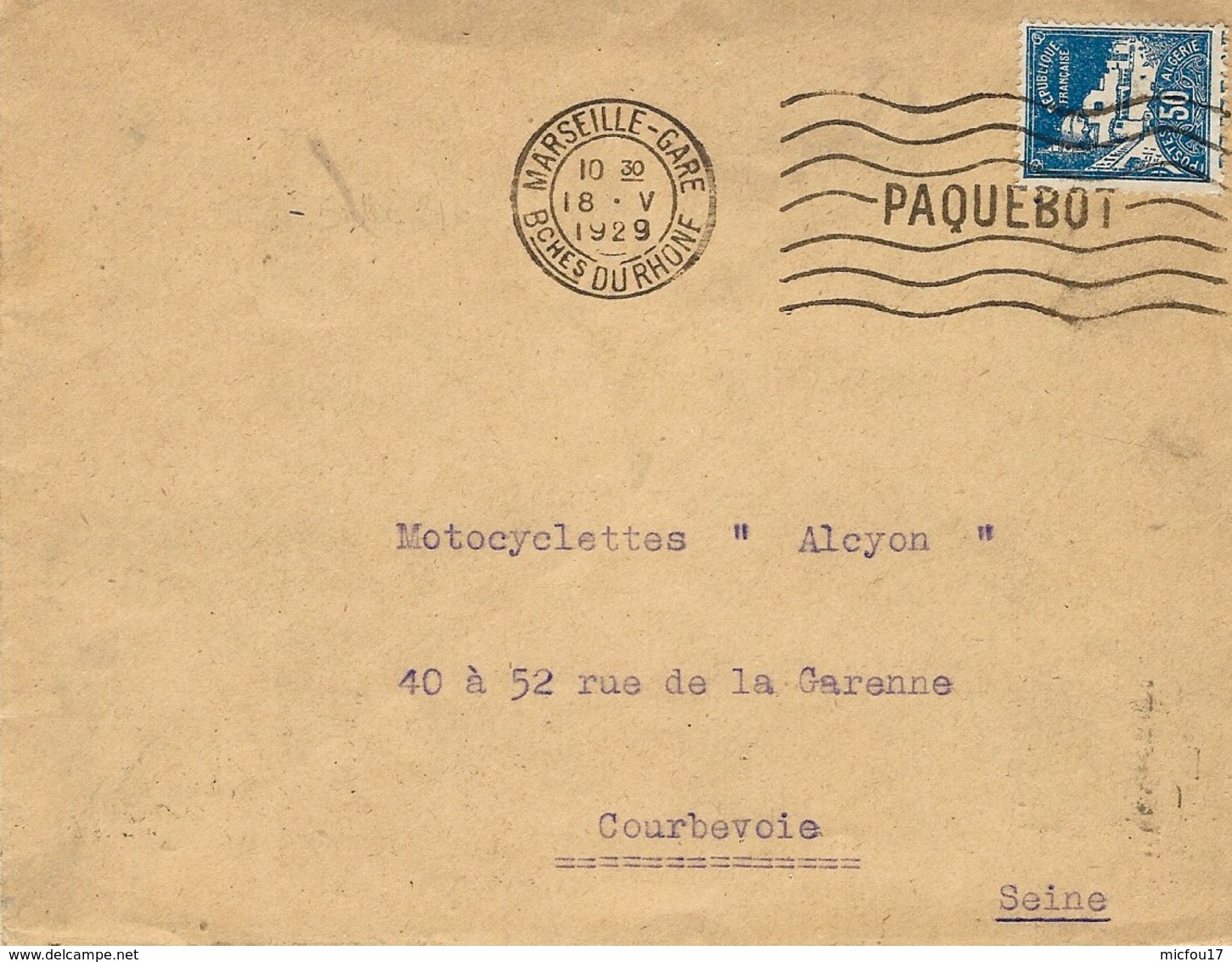 1929- Enveloppe Affr. 50 C  T P Algérie Oblit. Marseille-gare / PAQUEBOT 7 Lignes - SUPERBE - Poste Maritime