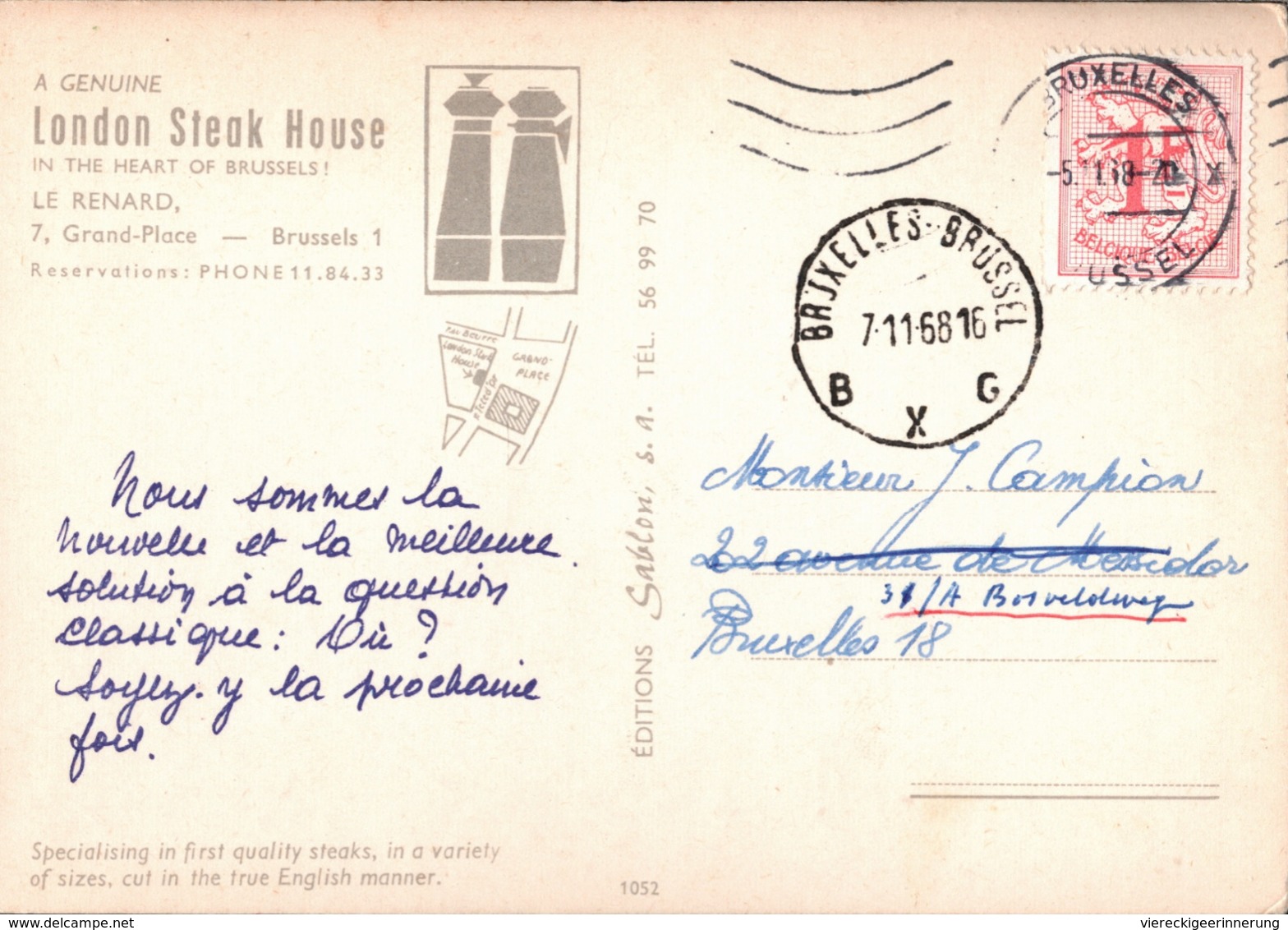 ! 1968 Ansichtskarte Aus Brüssel. Bruxelles, Brussels, London Steak House, Restaurant - Pubs, Hotels, Restaurants