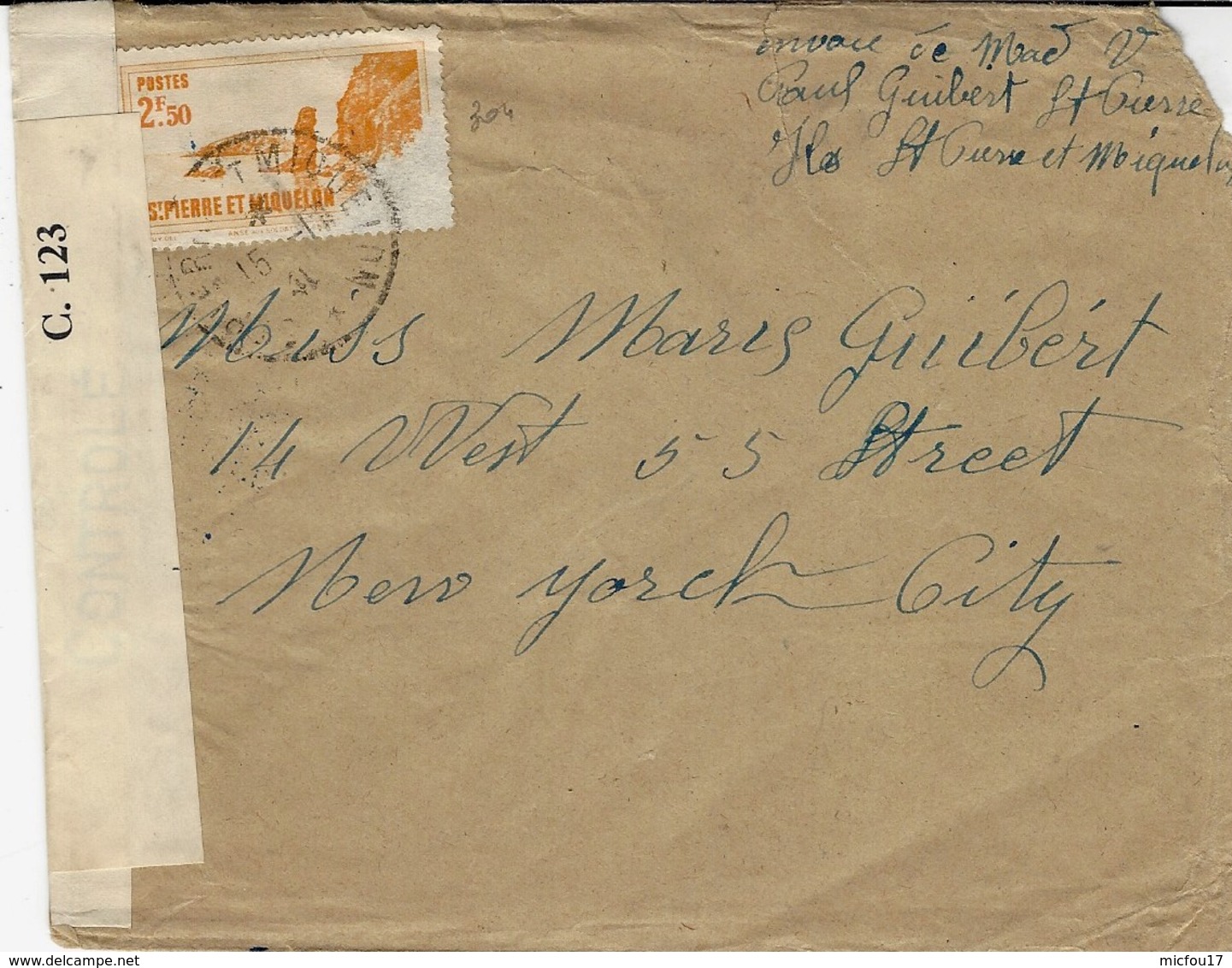 1941- Enveloppe De St Pierre Et Miquelon  Affr. à 2,50 F Pour N Y - Censure Américaine  C 123 - Lettres & Documents