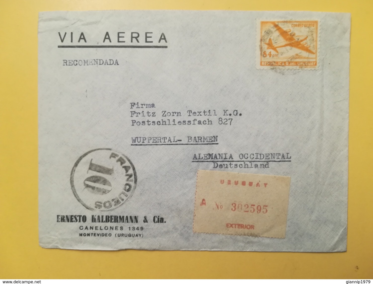 1947 BUSTA INTESTATA URUGUAY STORIA POSTALE BOLLO POSTA AEREA AIR MAIL RACCOMANDATA REGISTERED RARO TIMBRO TAMPON - Uruguay