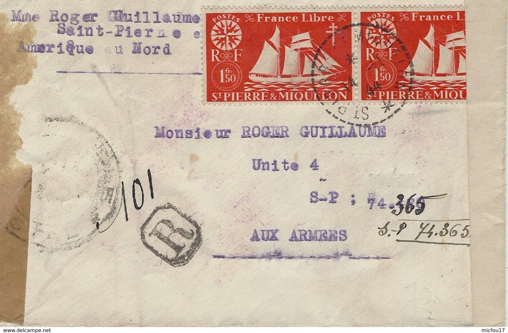 1944- Enveloppe RECC. De St Pierre Et Miquelon  Affr. à 3,00 F  Pour Le S P 74365  - Censure Américaine  DB / 106 - Covers & Documents