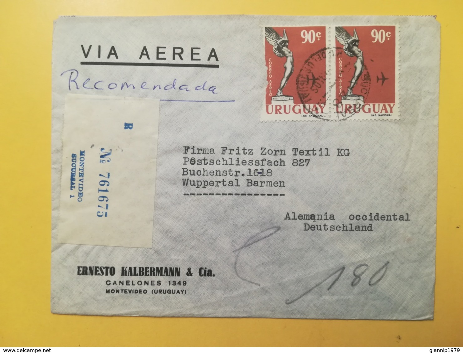 1960 BUSTA INTESTATA URUGUAY STORIA POSTALE BOLLO BOISO LANZA RACCOMANDATA RECOMENDADA ANNULLO MONTEVIDEO - Uruguay