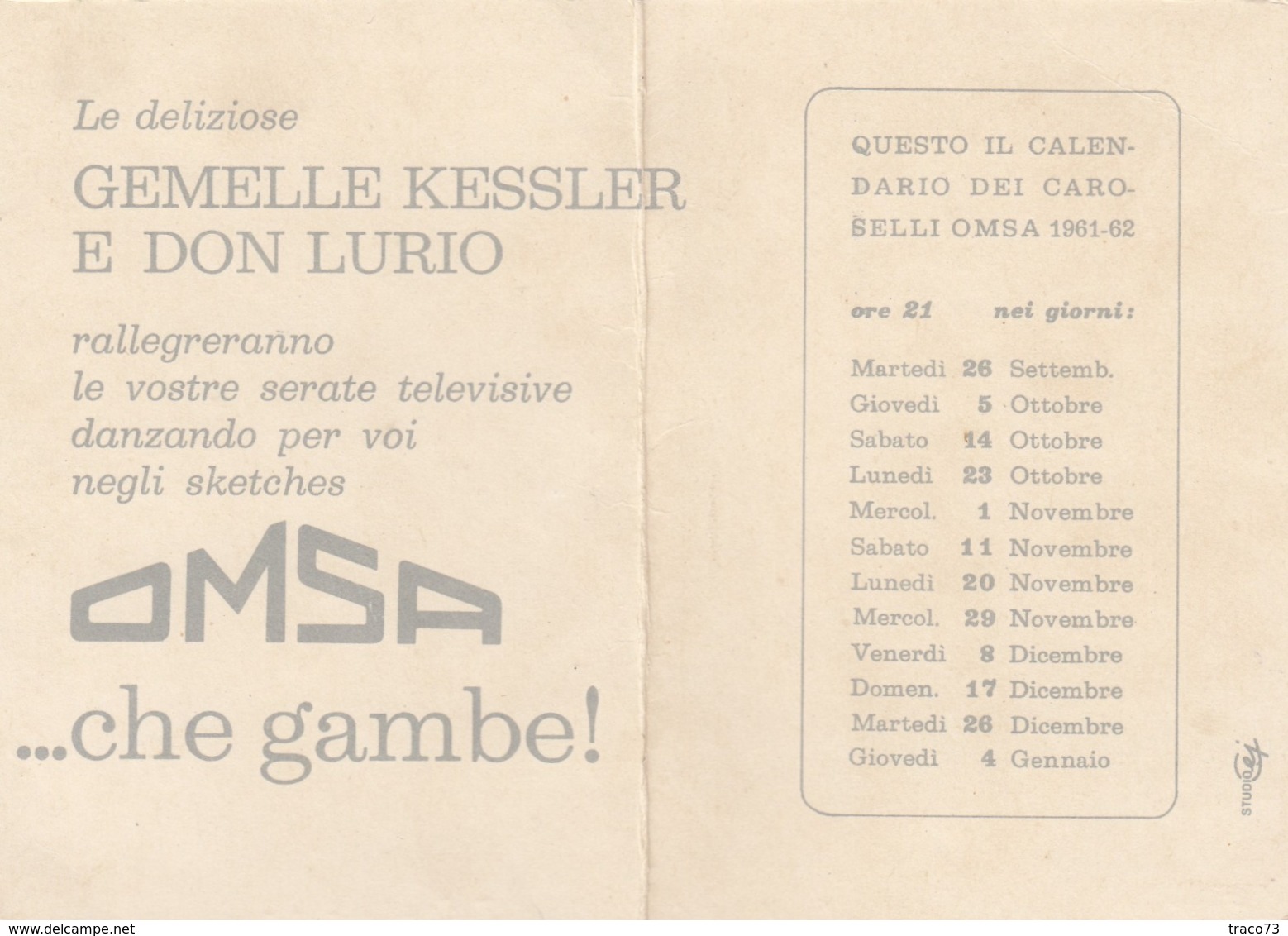 GEMELLE KESSLER E DON LURIO  /   Calendario Dei Caroselli OMSA  1961-1962 ( 12 X 17 Cm.) - Petit Format : 1961-70