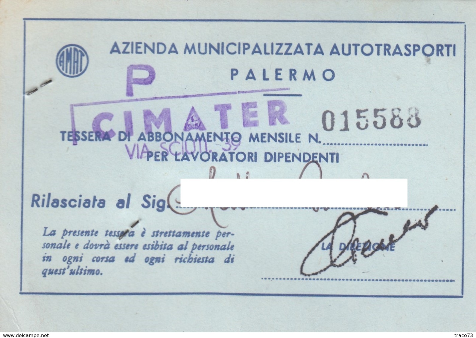 PALERMO /  TESSERA  DI ABBONAMENTO MENSILE PER TUTTE LE LINEE URBANE - Azienda Municipalizzata Autotrasporti _ Anno 1976 - Europa